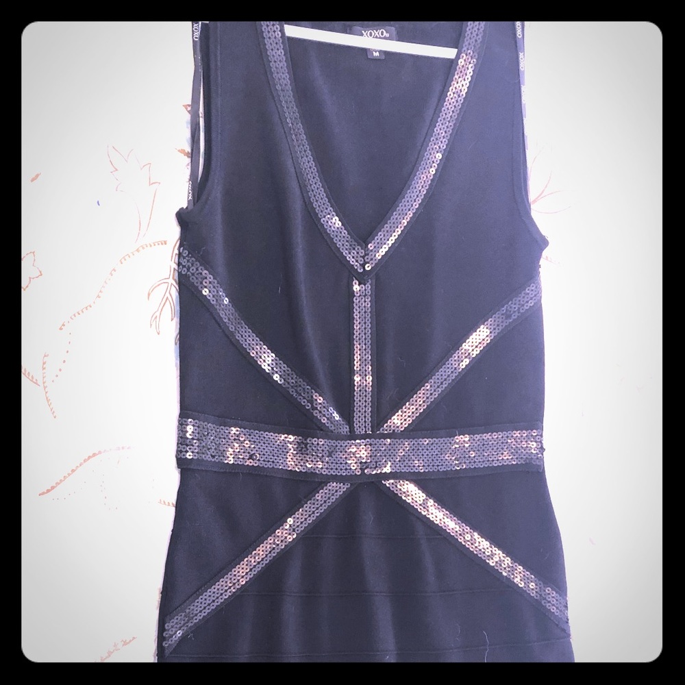 Black sequin-trimmed bandage dress